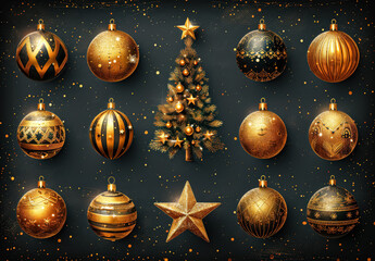 Wall Mural - collection of gold and black christmas ornaments are arranged around a gold star. the star is surrou