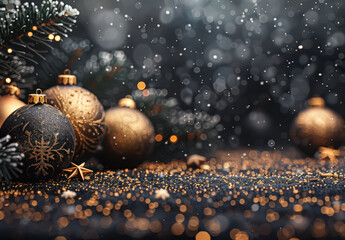 Wall Mural - beautiful christmas tree with a variety of gold and black ornaments. the tree is surrounded by a bla