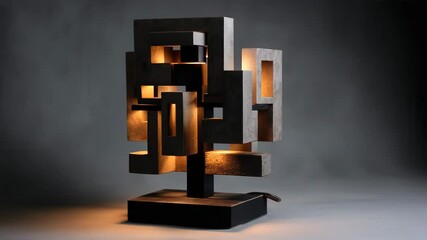 Poster - A modern table lamp with a geometric design made of metal and wood elements, emitting warm light through cut-out holes on a dark background