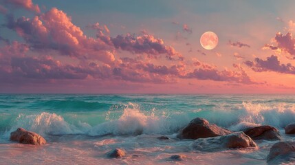 Wall Mural - A tranquil beach setting during twilight features gentle waves lapping at the shore. Vibrant clouds painted in soft colors surround a glowing full moon above the horizon, creating a serene atmosphere.