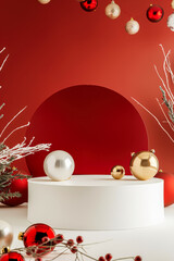 Wall Mural - white pedestal with a red background and a red and gold ball on top. the scene is a christmas displa
