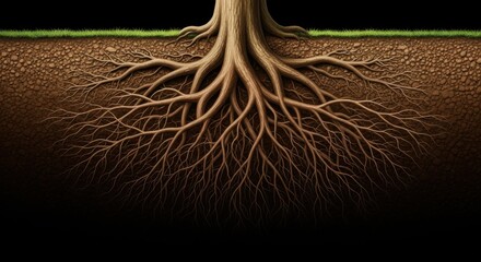 Illustration of tree roots extending into the ground with green grass above