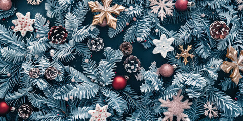 Wall Mural - christmas tree with many ornaments including snowflakes, pine cones, and red balls