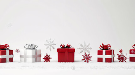 Wall Mural - row of white and red boxes with snowflakes on them. the snowflakes are scattered around the boxes, c