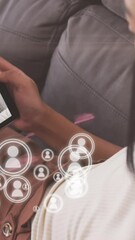 Poster - Multiple profile icons floating against woman having a videocall on digital tablet at home