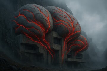 Aufkleber - Surreal Architecture: A Monolithic Structure with Brain-like Features and Glowing Red Veins Amidst a Misty Landscape