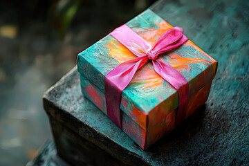 Wall Mural - colorful box with a pink ribbon sits on a table. the box is decorated with a pattern of flowers and 