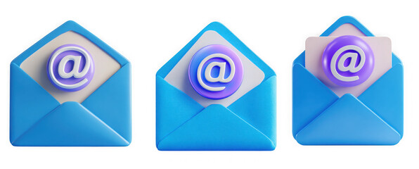 Three blue email envelopes with the at symbol isolated on transparent background in a 3d render
