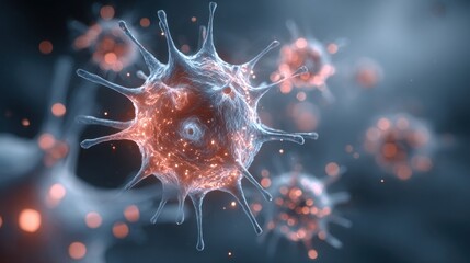 Poster - A close-up view reveals a virus with spiky surfaces and glowing elements in a dark background. The image captures the complexity and beauty of microscopic life forms in a captivating manner.