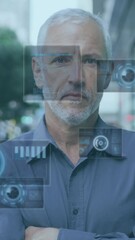 Poster - Animation of screens with data processing over senior man