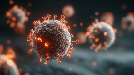 Poster - A close-up depiction of viral particles reveals intricate details, including glowing spikes and textures. This visualization emphasizes the complexity of microorganisms in a dark setting.