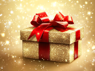 Wall Mural - gold box with a red ribbon on top of it. the box is decorated with glitter and it looks like a prese