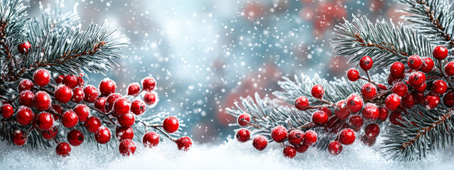 Wall Mural - Snowy background with red berries on the trees. The berries are surrounded by snow, giving the image a festive and wintery feel