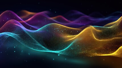 Fototapete - Vibrant wave patterns flow seamlessly, showcasing a blend of colors including purple, blue, and gold. The design evokes a feeling of movement and depth in a digital space.