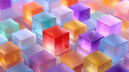 Poster - Transparent cubes in various colors are artistically arranged, creating a lively and visually striking pattern. Light reflects off the surfaces, enhancing the hues.