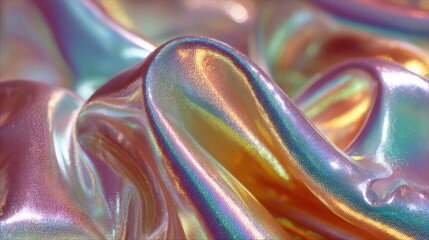 Poster - A vibrant iridescent fabric gently drapes and flows, revealing fluid waves. The colors shimmer under soft light, creating an inviting atmosphere perfect for artistic exploration.