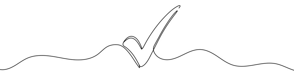 Poster - Black check mark in one line art style. Check mark drawing with editable stroke on white background. Vector illustration.