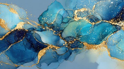 Poster - This artwork features a blend of rich blue hues with elegant gold accents, creating an abstract composition that reflects fluid movement across the canvas.