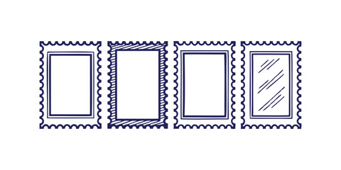 Poster - Four navy blue handdrawn postage stamp frames with scalloped edges interiors on a
