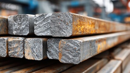 Poster - Sturdy metal bars are neatly stacked in a large industrial yard under bright daylight. Rust patches and textures indicate usage and the environment of storage and manufacturing.