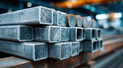 Poster - Metallic steel bars are organized in a warehouse, showcasing different lengths and sizes. Bright daylight illuminates the industrial setting, emphasizing the material's shine and structure.