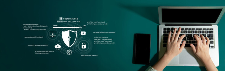 Poster - cyber security protects against breaches, hacks, and network attacks using strong infrastructure and