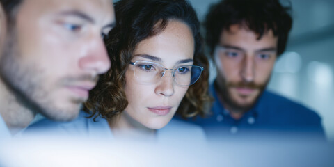 Aufkleber - Focused business team analyzing data on computer screen, teamwork, collaboration, concentration, office environment