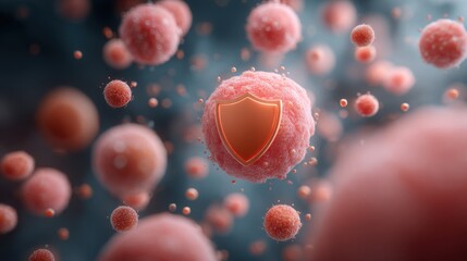 Poster - Cells are actively engaged in a dynamic environment, with a prominent protective shield symbol illustrating immune defense mechanisms.