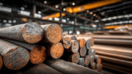 Poster - Stacks of steel rods are neatly arranged in a large warehouse. The environment is industrial, showcasing inventory management practices within manufacturing.