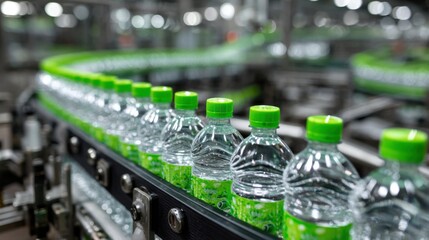 Poster - A long line of plastic water bottles is seen moving along a conveyor belt in a beverage production facility. Workers monitor the filling process in the background.