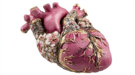 Poster - A detailed ceramic heart sculpture featuring vibrant colors and intricate floral patterns rests on a stark white surface. This captivating artwork highlights craftsmanship and creativity.