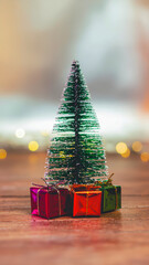 Poster - A small green Christmas tree stands on a wooden surface, surrounded by vibrant wrapped presents, capturing the festive spirit of the season