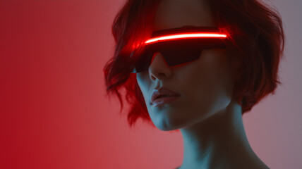 Aufkleber - Cyberpunk woman futuristic glasses red light short hair technology moody sci fi confident style