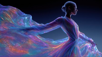 Fototapete - A figure stands elegantly with flowing fabric that shimmers in various colors. The soft light creates a magical effect, enhancing the beauty of the scene in a digital format.