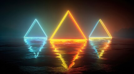 Fototapete - Three neon pyramids in blue, orange, and yellow stand illuminated against a dark background, creating vibrant reflections on the still water surface at night.