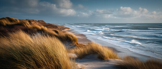 Poster - Remote beach landscape with wild dunes, tall grass, dramatic sky, ocean waves, and natural beauty