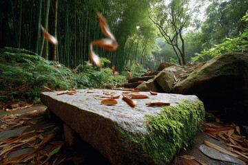 Aufkleber - Tranquil forest scene with moss-covered stone path surrounded by lush green trees and foliage in daytime with natural sunlight filte through
