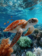 Poster - Majestic sea turtle swimming above vibrant coral reef with colorful fish in crystal clear ocean water underwater scene