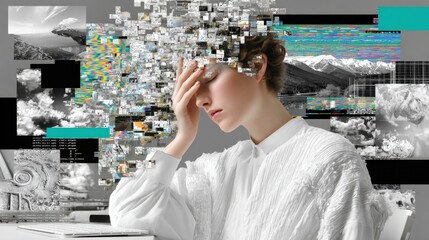 Aufkleber - Young woman with hand on forehead wea white blouse sitting at desk with computer experiencing technical difficulties in modern office environment