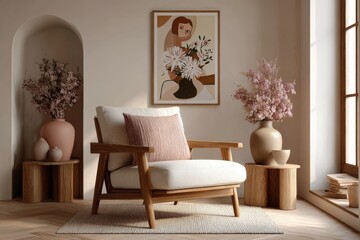 Poster - Modern cozy living room with minimalist decor featu a wooden armchair with cushion surrounded by pink flowers in vases and framed artwork on the wall