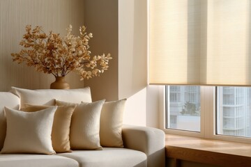 Aufkleber - Cozy Modern Living Room Decor with Beige Cushions Large Natural Light and Elegant Dried Flower Arrangement in Vase