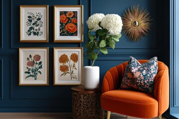 Poster - Elegant interior living room with dark blue walls framed botanical art prints large white floral arrangement velvet armchair and sunburst mirror decor