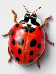 Poster - Close-up of a vibrant red and black spotted ladybug insect on a white background showcasing detailed patterns and glossy wings