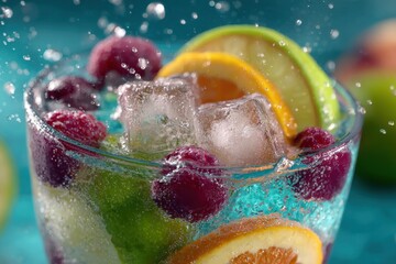 Poster - Vibrant refreshing fruit cocktail with ice cubes and citrus slices in a clear glass on colorful background