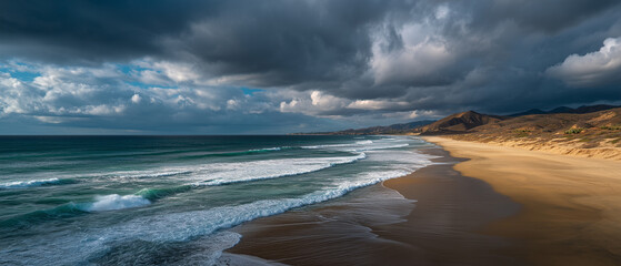 Poster - Wide panoramic landscape beach, dramatic sky, ocean wave, sandy shore, mountain, nature, tranquil mood