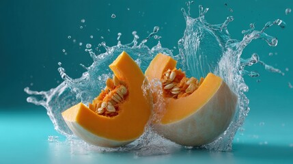 Poster - Fresh ripe melon with seeds splashing water on bright teal background for refreshing healthy fruit snack or summer beverage ingredient