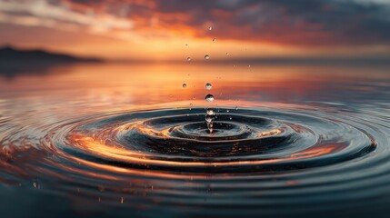 Poster - As the sun sets, a drop of water splashes on the surface of the lake, creating ripples that reflect the vibrant colors of the sky. The scene is peaceful and captivating.