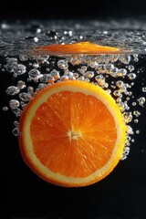 Poster - Fresh Juicy Orange Slice Falling Into Water Creates Bubbles Splashing Underwater Refreshing Citrus Fruit Close-Up