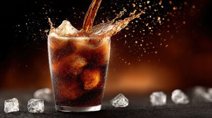 Poster - Refreshing cold glass of soda with ice cubes and fizzy bubbles splashing with dark background for cool beverage concept
