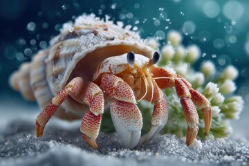 Poster - Close-up of a vibrant orange and white crab with detailed textured and expressive black eyes on a sandy beach under clear blue sky